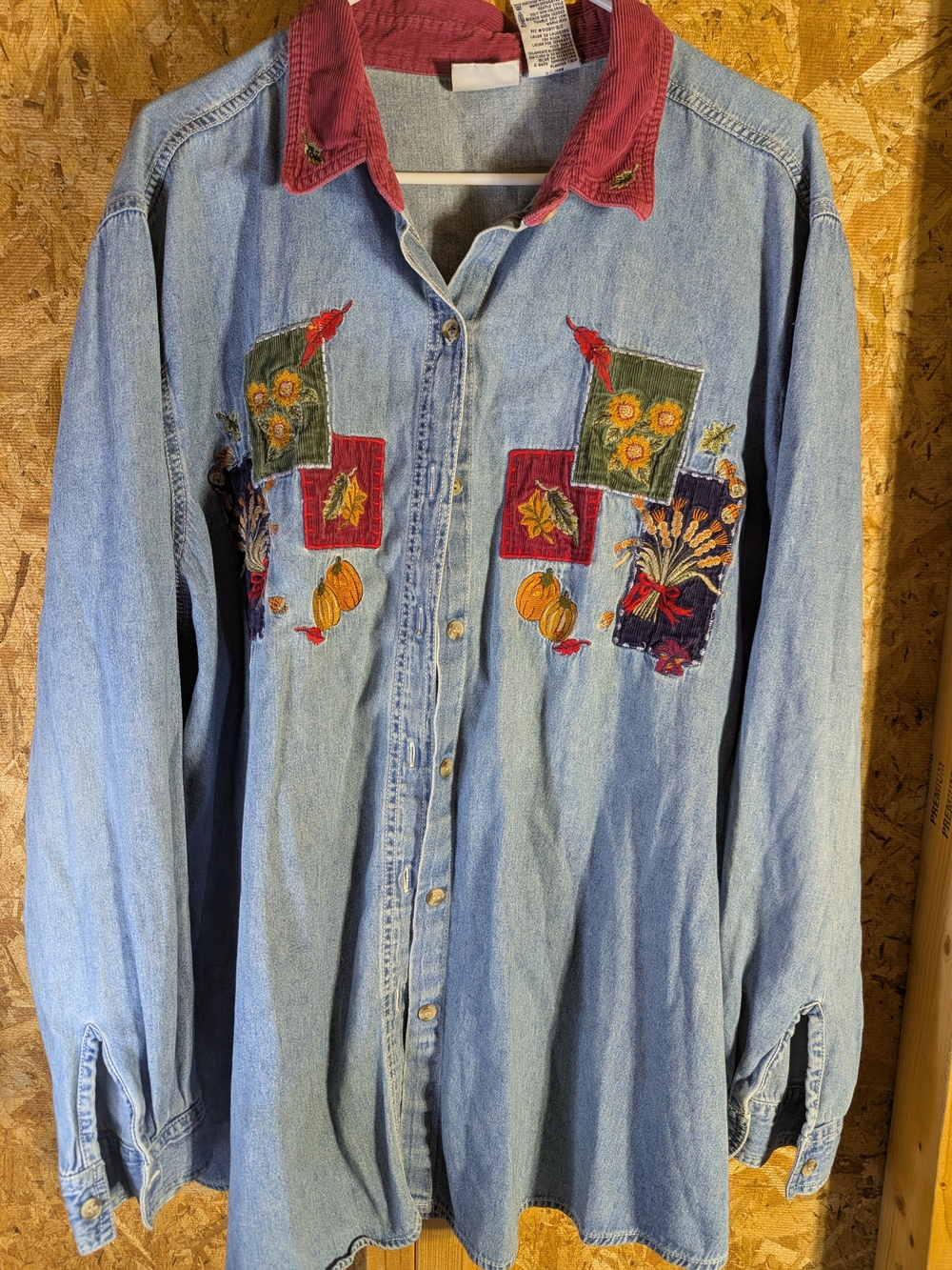 Denim Embroidered Button-Up Shirt with Red Corduroy Collar